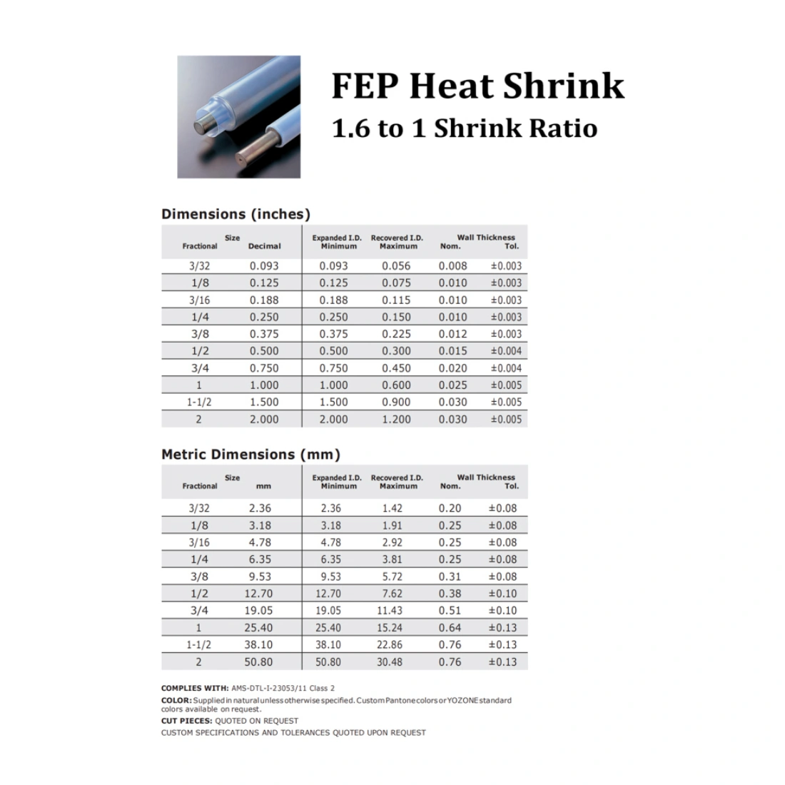 FEP Insulation Anti-Uv 1.61 1.31 Heat Shrink Diameter 1-150mm Tubing Sleeves