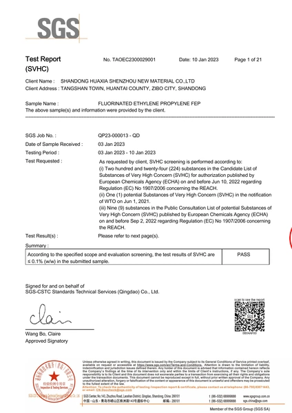 FEP REACH certificate