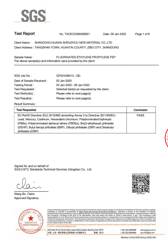 Yozonetech SGS RoHS Test Report FEP Material